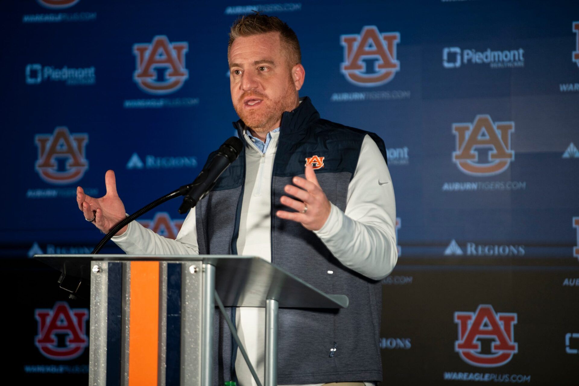 Auburn Tigers football head coach Alex Golesh speaks during a press conference at Woltosz Performance Center in Auburn, Ala. on Monday, Dec. 8, 2025.