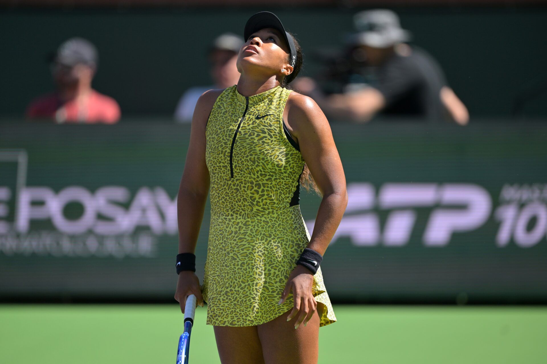 Naomi Osaka (JPN) reacts after missing a point during her fourth round match against Aryna Sabalenka (BEL) in the BNP Paribas Open at the Indian Wells Tennis Garden.