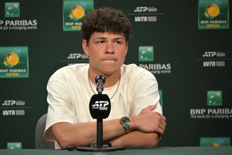 Ben Shelton (USA) speaks to the media at a news conference during the BNP Paribas Open at the Indian Wells Tennis Garden.
