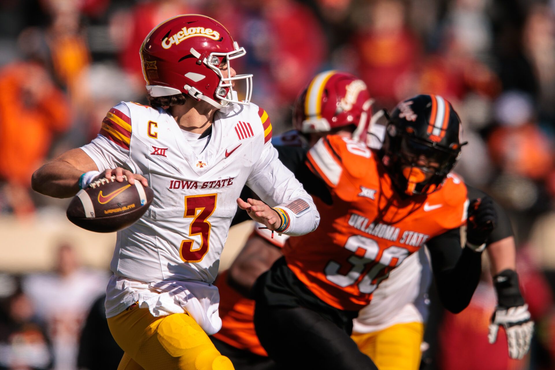 Iowa State Cyclones quarterback Rocco Becht (3) looks to pass during the second half against the Oklahoma State Cowboys at Boone Pickens Stadium.