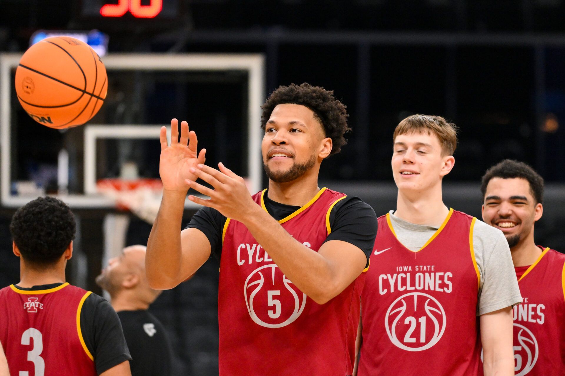 Iowa State Cyclones forward Joshua Jefferson (5) receives a pass during a practice session ahead of the first round of the men's 2026 NCAA Tournament at Enterprise Center.