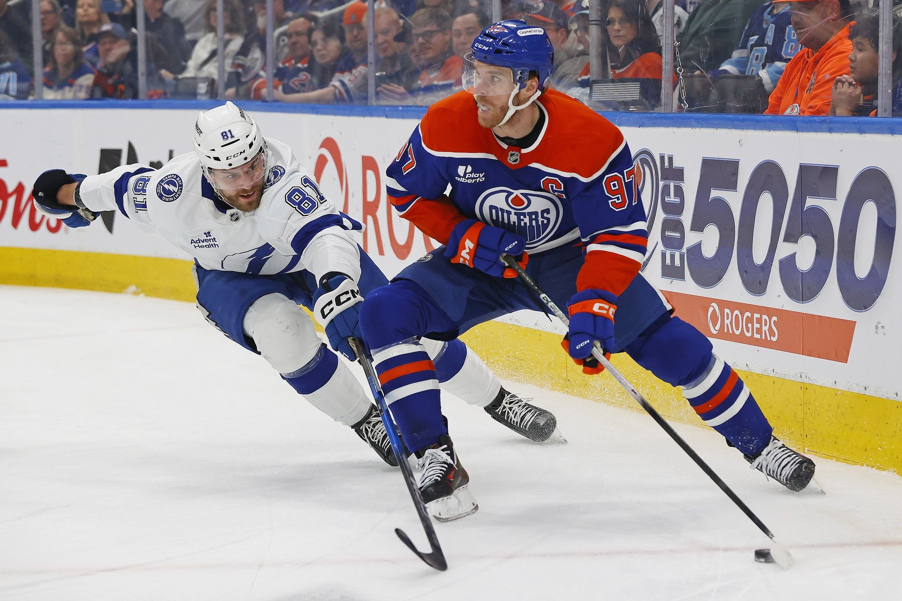 Edmonton Oilers forward Connor McDavid (97) looks to make a pass in front of Tampa Bay Lightning defensemen Erik Cernak (81) during the first period at Rogers Place.
