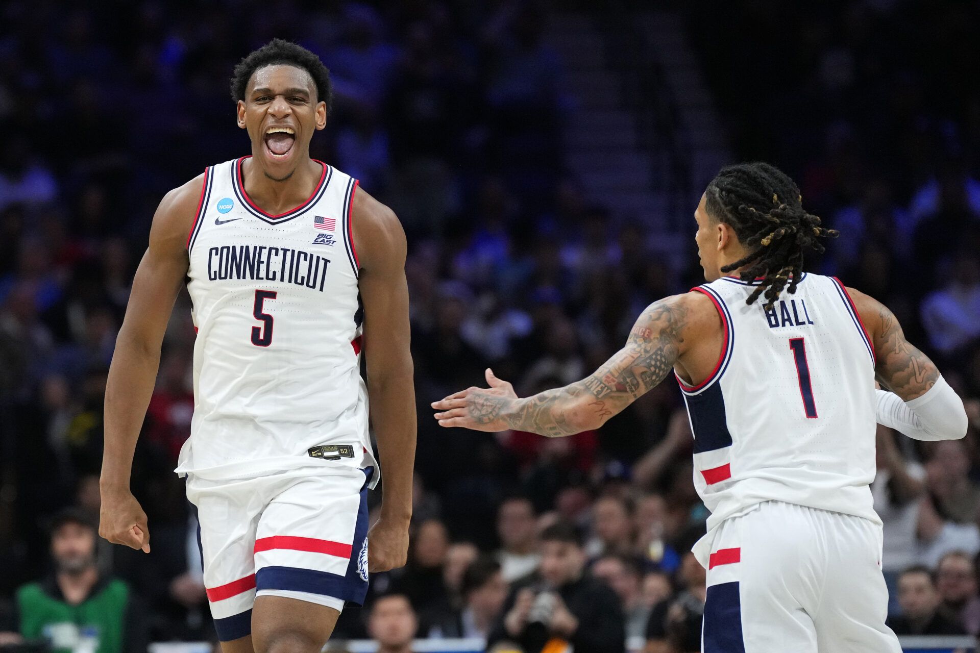 UConn Huskies forward Tarris Reed Jr. (5) reacts in the first half during a first round game of the men's 2026 NCAA Tournament at Xfinity Mobile Arena.