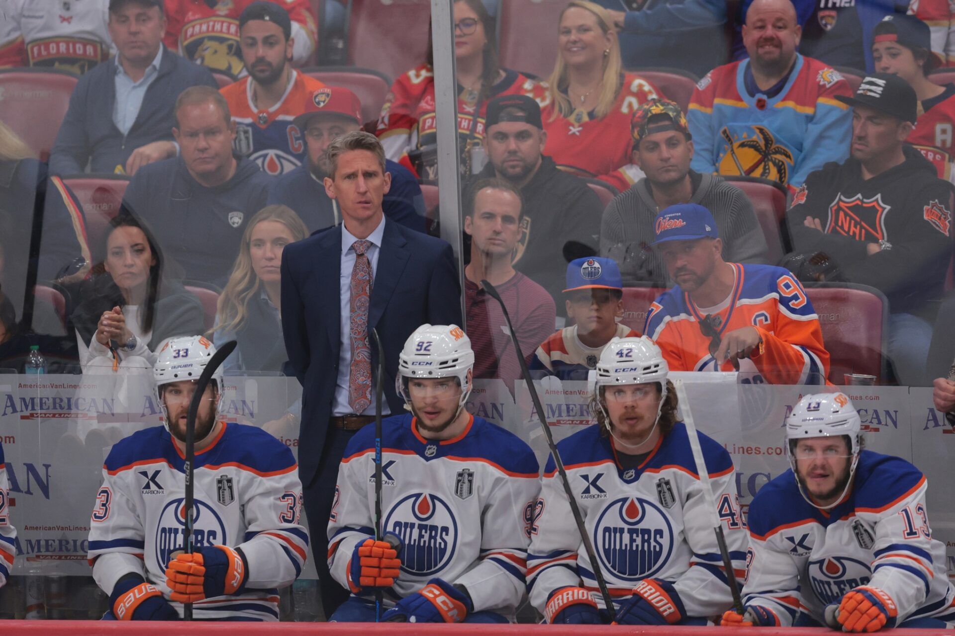 Edmonton Oilers head coach Kris Knoblauch looks on during the second period against the Florida Panthers in game three of the 2025 Stanley Cup Final at Amerant Bank Arena.