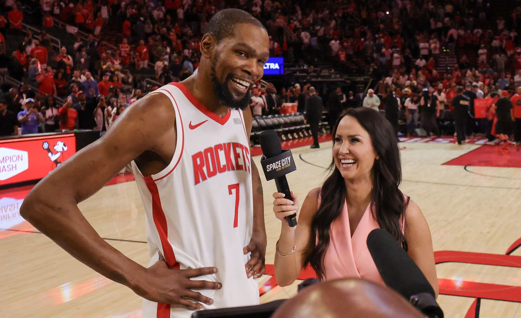 Houston Rockets forward Kevin Durant (7) is interviewed after he became the 5th highest point leader in NBA history after the game against the Miami Heat at Toyota Center.