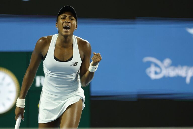 Coco Gauff (USA) celebrates after match point against Alycia Parks (USA) (not pictured) on day five of the 2026 Miami Open at Hard Rock Stadium.