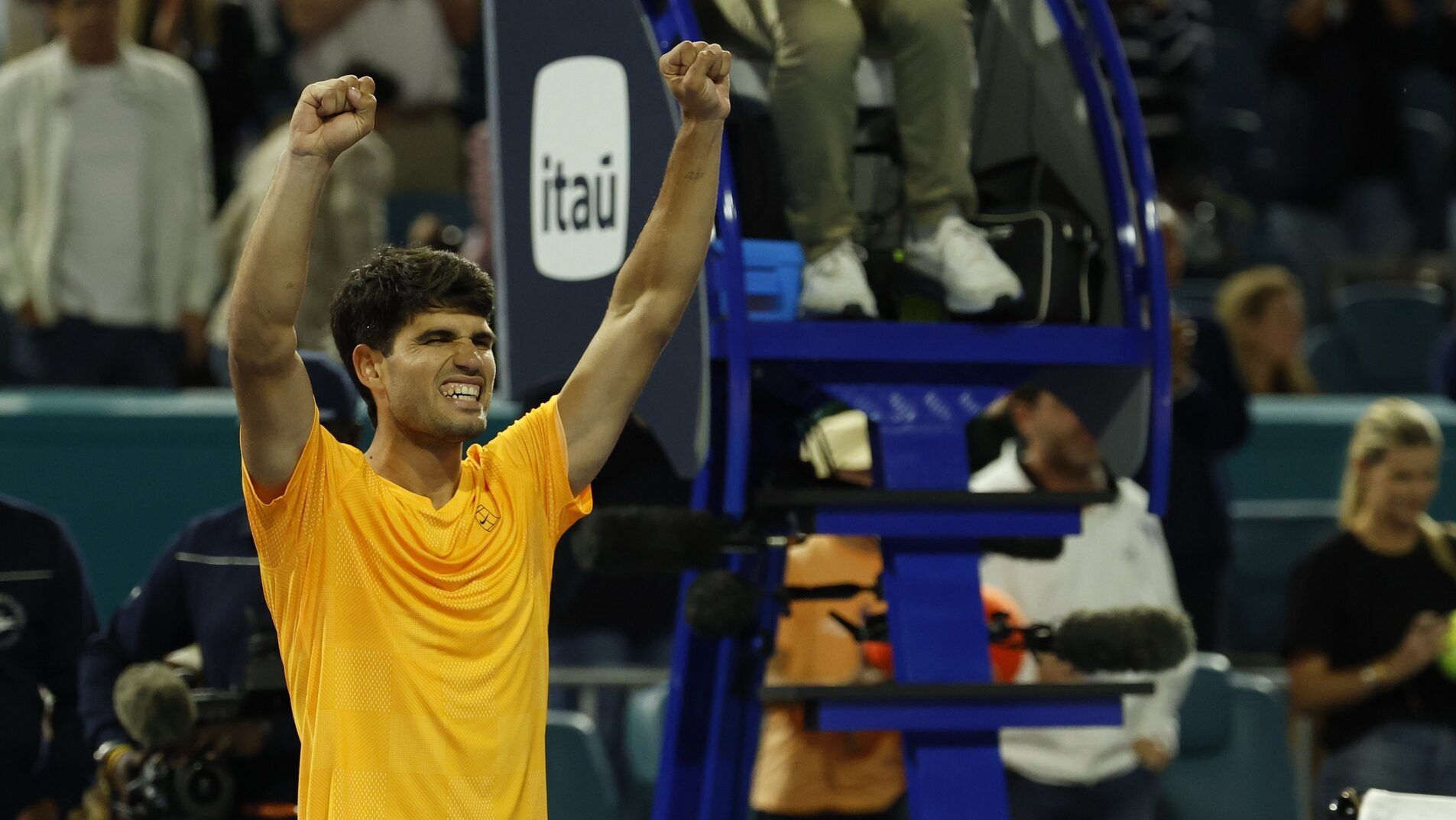 Carlos Alcaraz (ESP) celebrates after his match against Joo Fonseca (BRA) (not pictured) on day four of the 2026 Miami Open at Hard Rock Stadium.