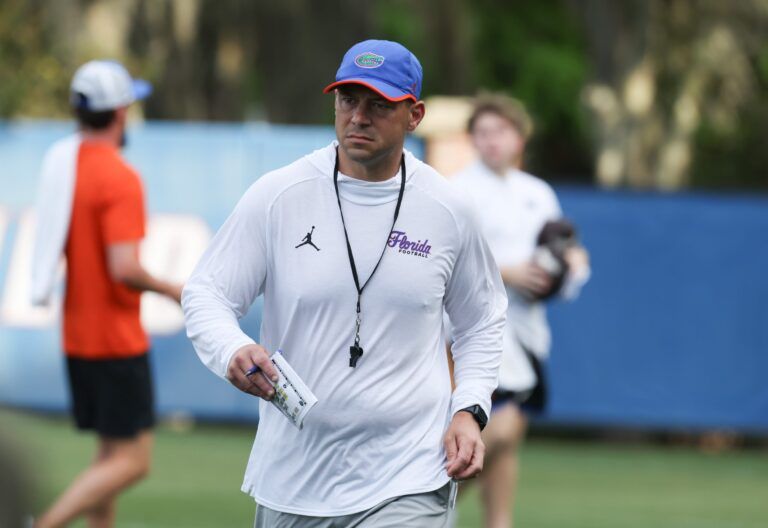 Florida head coach Jon Sumrall, watches drills during spring practice at Sanders Practice Fields in Gainesville, FL on Thursday, March 12, 2026. [Alan Youngblood/Gainesville Sun]
