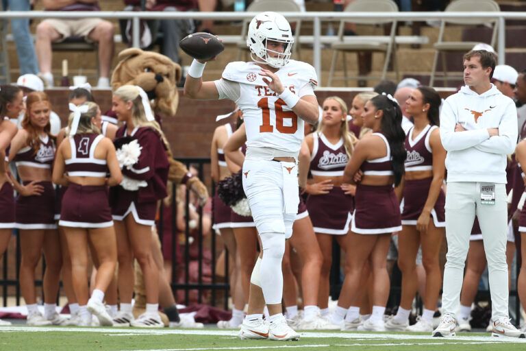 Texas Longhorns quarterback Arch Manning (16) passes the ball during warm ups  prior to the game against the Mississippi State Bulldogs at Davis Wade Stadium at Scott Field.