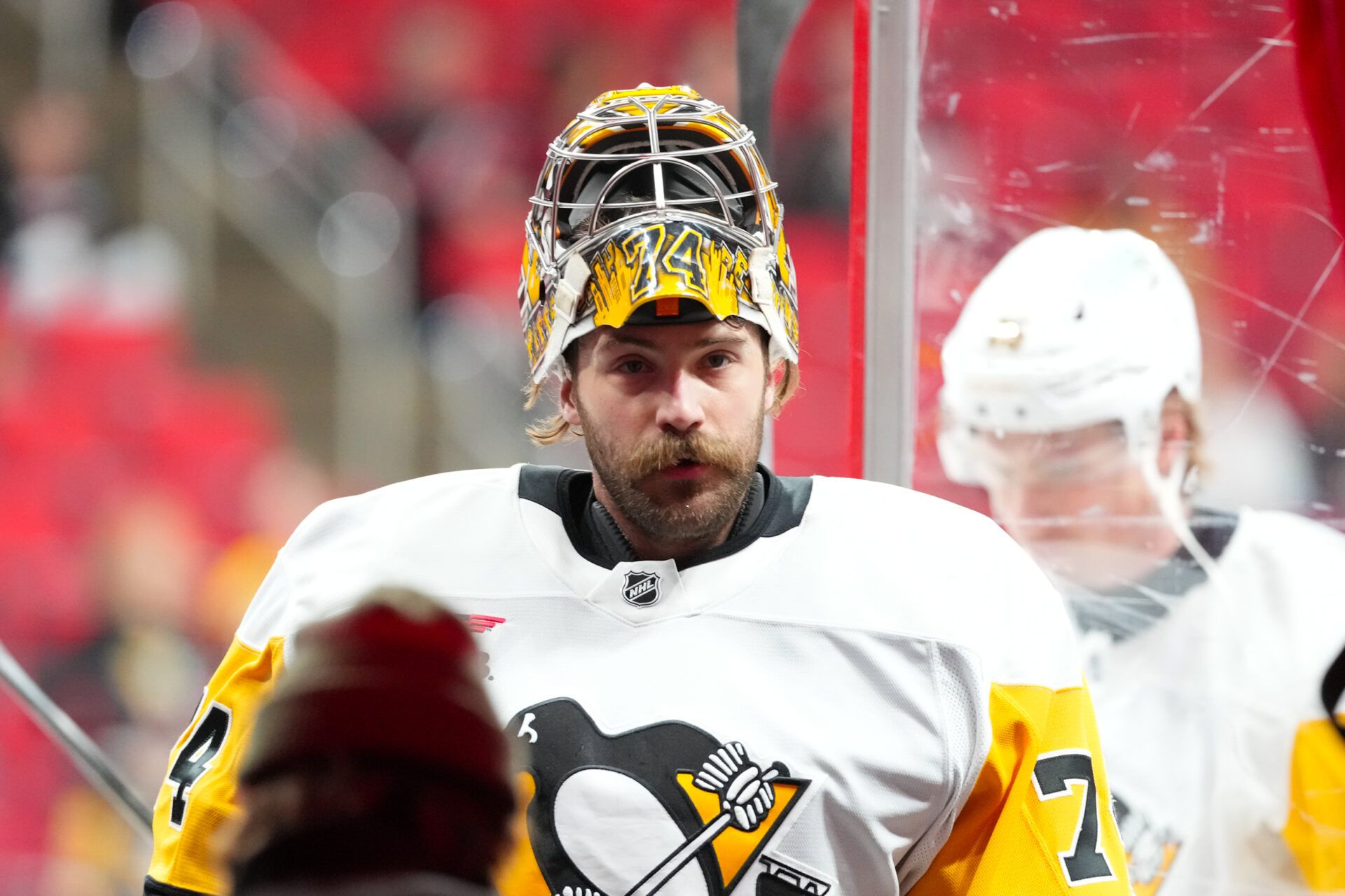 Pittsburgh Penguins goaltender Stuart Skinner (74) comes off the ice after the warmups before the game against the Carolina Hurricanes at Lenovo Center.