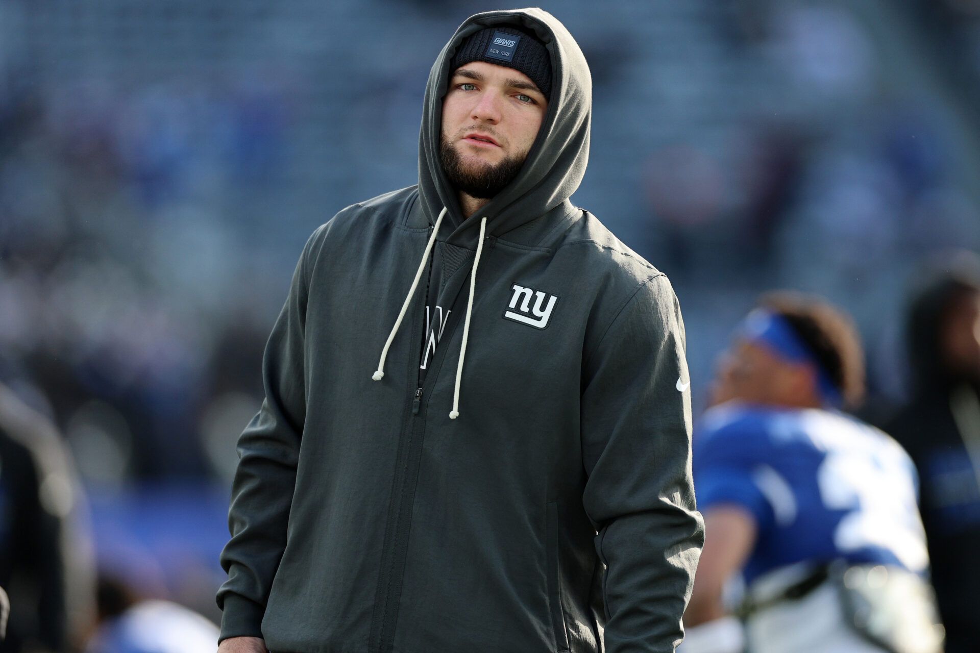 New York Giants running back Cam Skattebo (44) watches practice before the game  against the Minnesota Vikings at MetLife Stadium.