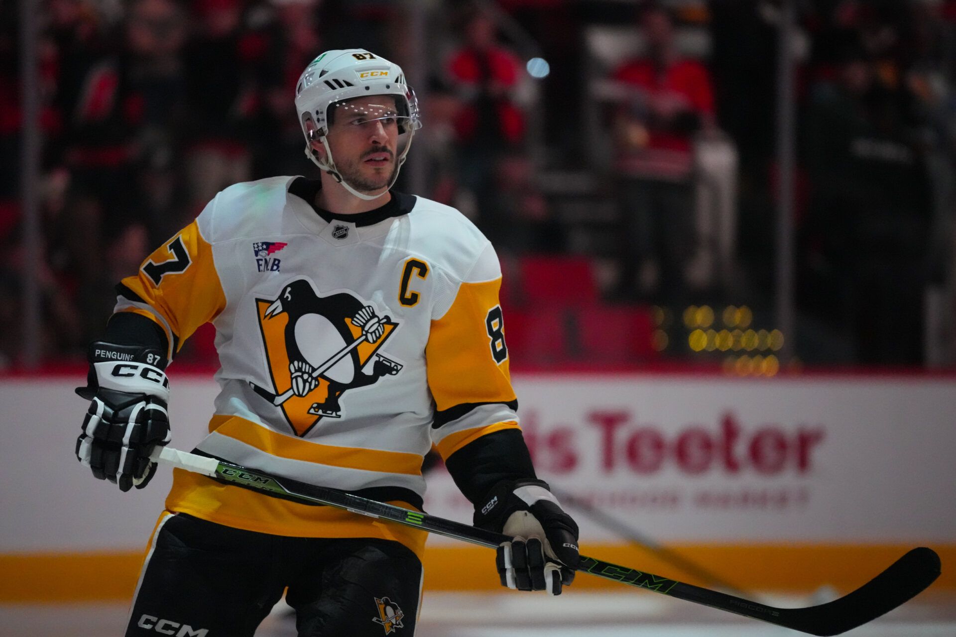 Pittsburgh Penguins center Sidney Crosby (87) skates before the start of the game against the Carolina Hurricanes at Lenovo Center.