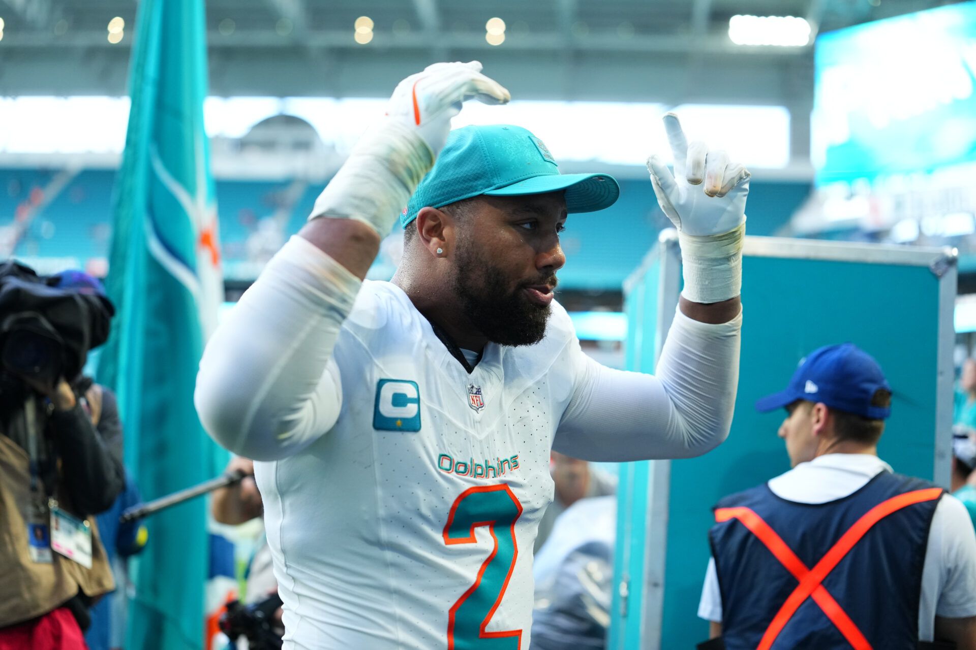 Miami Dolphins linebacker Bradley Chubb (2) leaves the field following a game against the New Orleans Saints at Hard Rock Stadium.