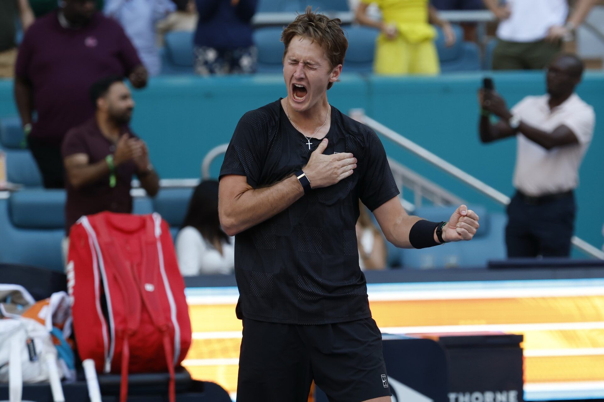 Sebastian Korda (USA) celebrates after his match against Carlos Alcaraz (ESP) (not pictured) on day six of the 2026 Miami Open at Hard Rock Stadium.