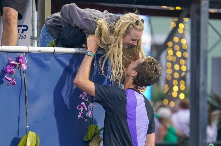 Sebastian Korda and his fiancee Ivana Nedvedova celebrate his 6-4, 6-3 victory over Tommy Paul in the finals of the Delray Beach Open at the Delray Beach Stadium and Tennis Center on Sunday, Feb. 22, 2026.
