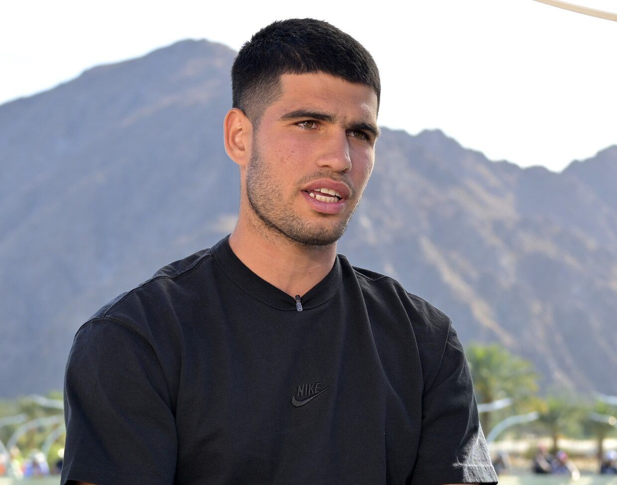 Carlos Alcaraz (ESP) is interviewed by media during the BNP Paribas Open at the Indian Well Tennis Garden.