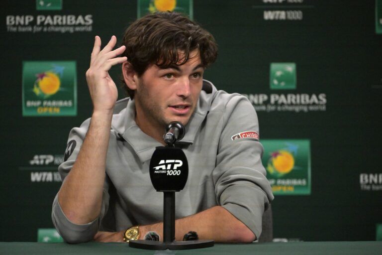 Taylor Fritz (USA) speaks to the media at a news conference during the BNP Paribas Open at the Indian Wells Tennis Garden.