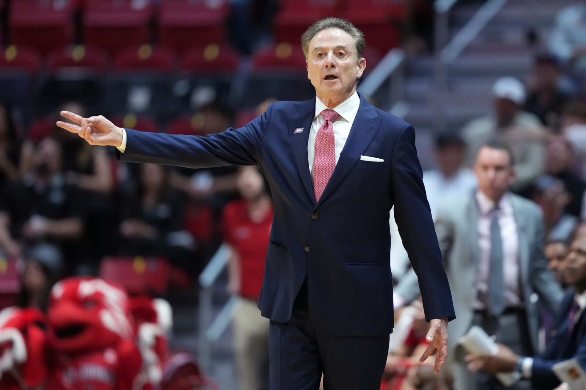 St. John's Red Storm head coach Rick Pitino looks on in the first half against the Kansas Jayhawks during a second round game of the men's 2026 NCAA Tournament at Viejas Arena.
