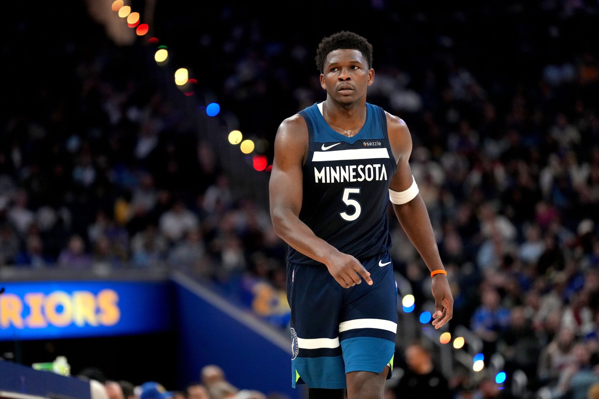 Minnesota Timberwolves guard Anthony Edwards (5) walks on the court during a break in the action against the Golden State Warriors in the third quarter at the Chase Center.