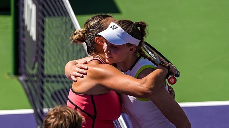 Aryna Sabalenka (left) embraces Elena Rybakina after winning the women’s singles championship final at the BNP Paribas Open in Indian Wells, Calif., Sunday, March 15, 2026.