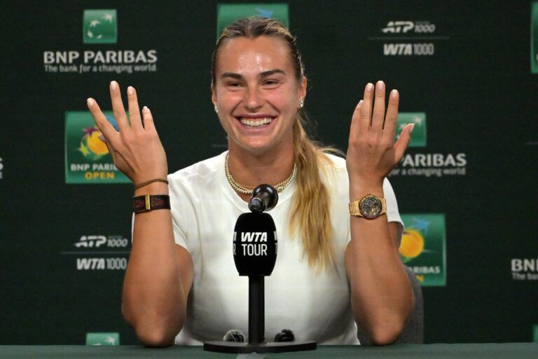 Aryna Sabalenka (BEL) speaks to the media at a news conference during the BNP Paribas Open at the Indian Wells Tennis Garden.