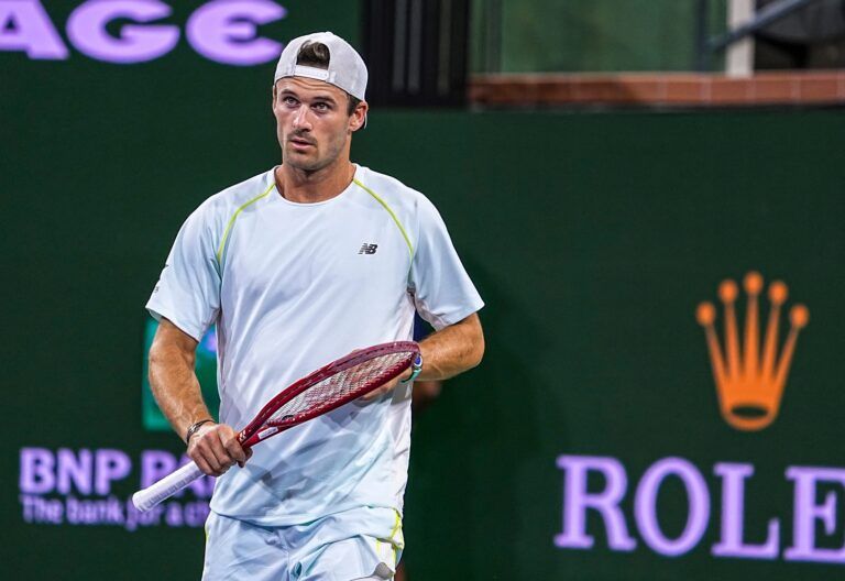 Tommy Paul reacts to a point by Joao Fonseca in their third-round match at the BNP Paribas Open in Indian Wells, Calif., Sunday, March 8, 2026.