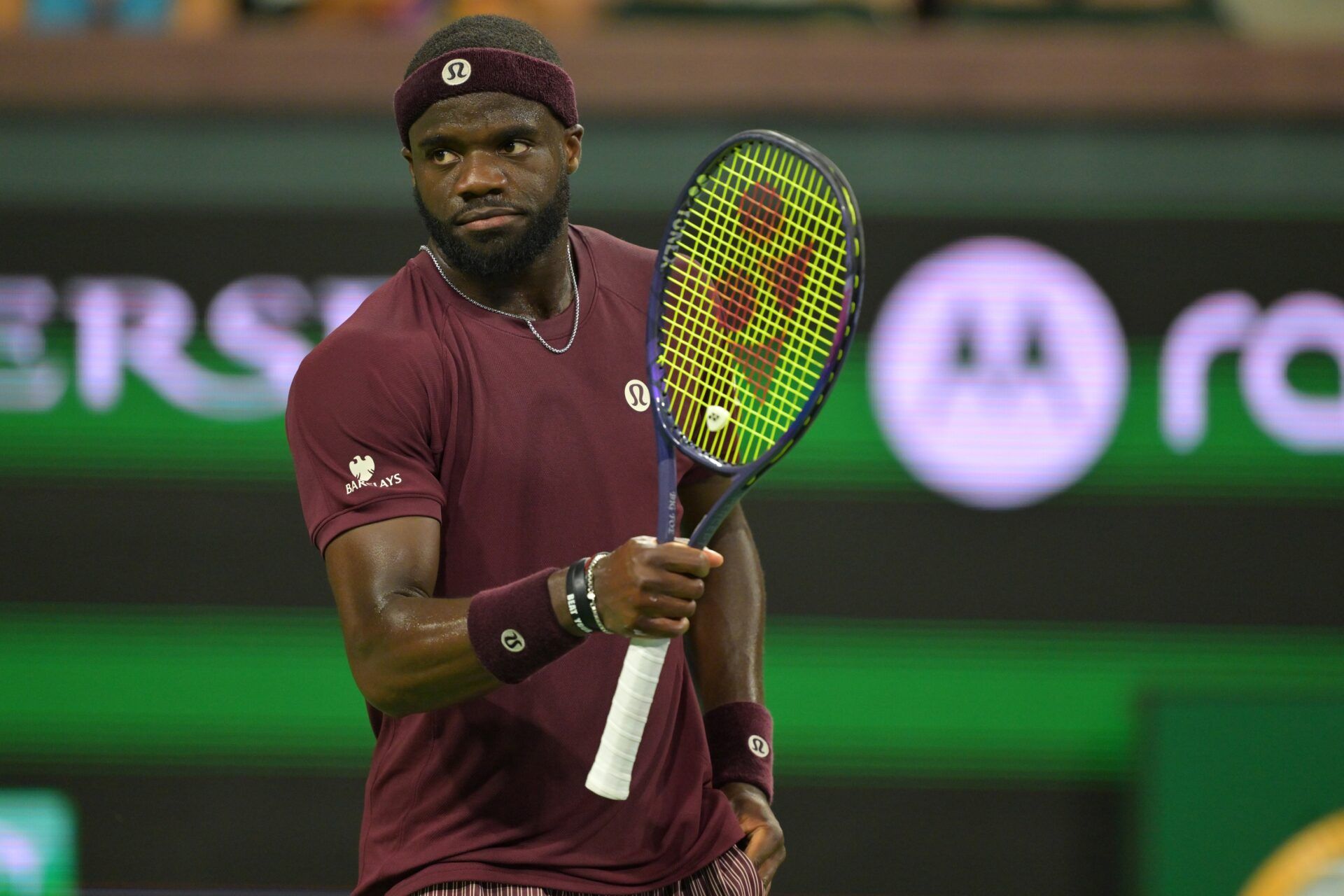 Frances Tiafoe (USA) reacts after winning his third round match against Flavio Cobolli (ITA) in the BNP Paribas Open at the Indian Wells Tennis Garden.