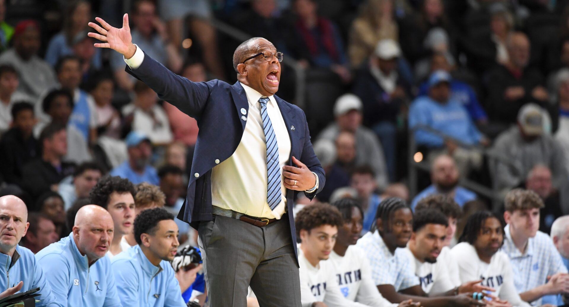 North Carolina Tar Heels head coach Hubert Davis yells down court Thursday, March 19, 2026, during the NCAA Men’s Basketball Tournament first round game against the VCU Rams at Bon Secours Wellness Arena in Greenville, South Carolina.