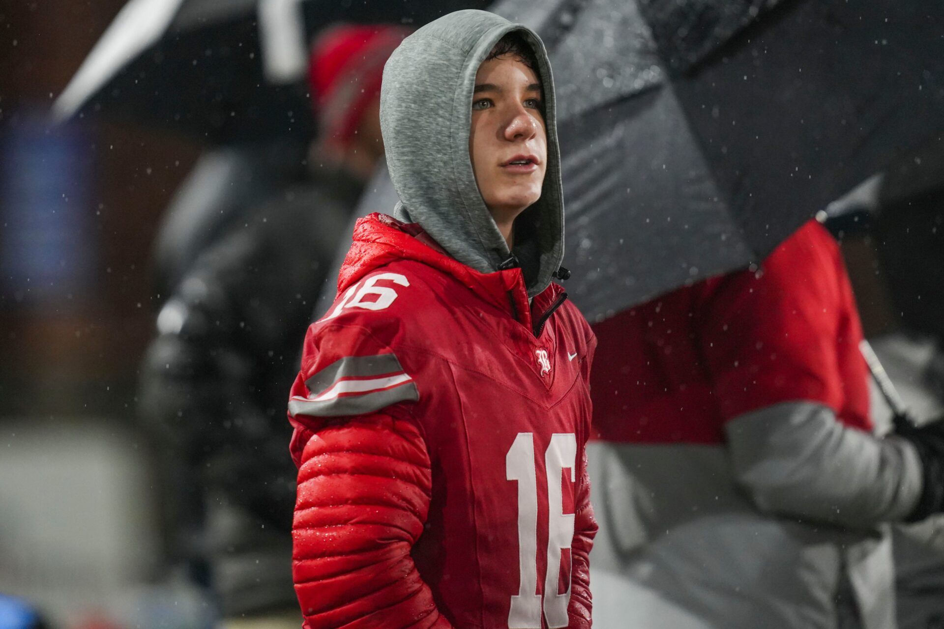 Baylor's Marshall Manning (16) watches a play on the sidelines during the Division II-AAA championship game at Finley Stadium in Chattanooga, Tenn., on Dec. 4, 2025.