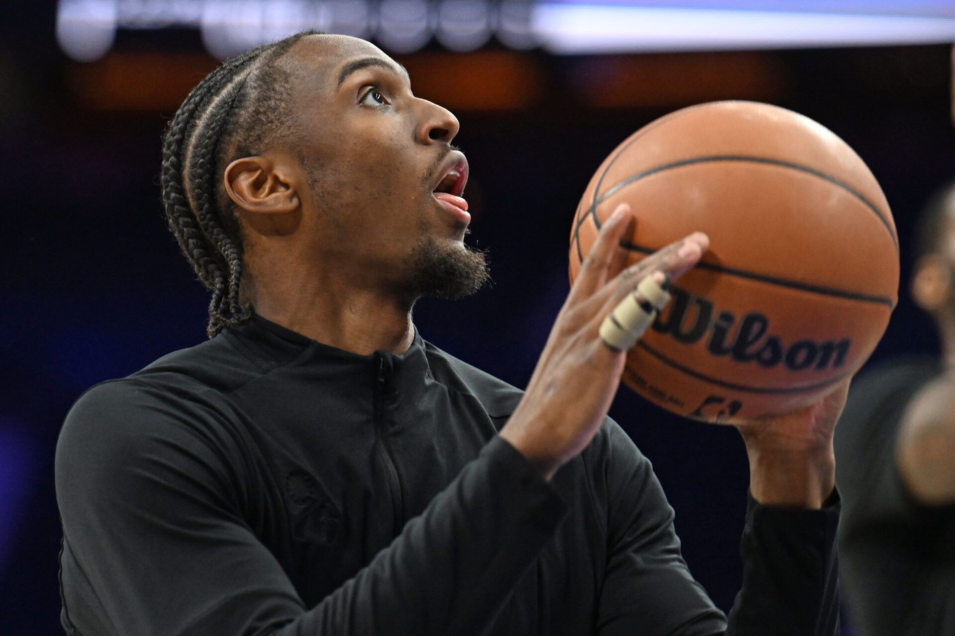 Philadelphia 76ers guard Tyrese Maxey (0) during warmups against the Portland Trail Blazers at Xfinity Mobile Arena.
