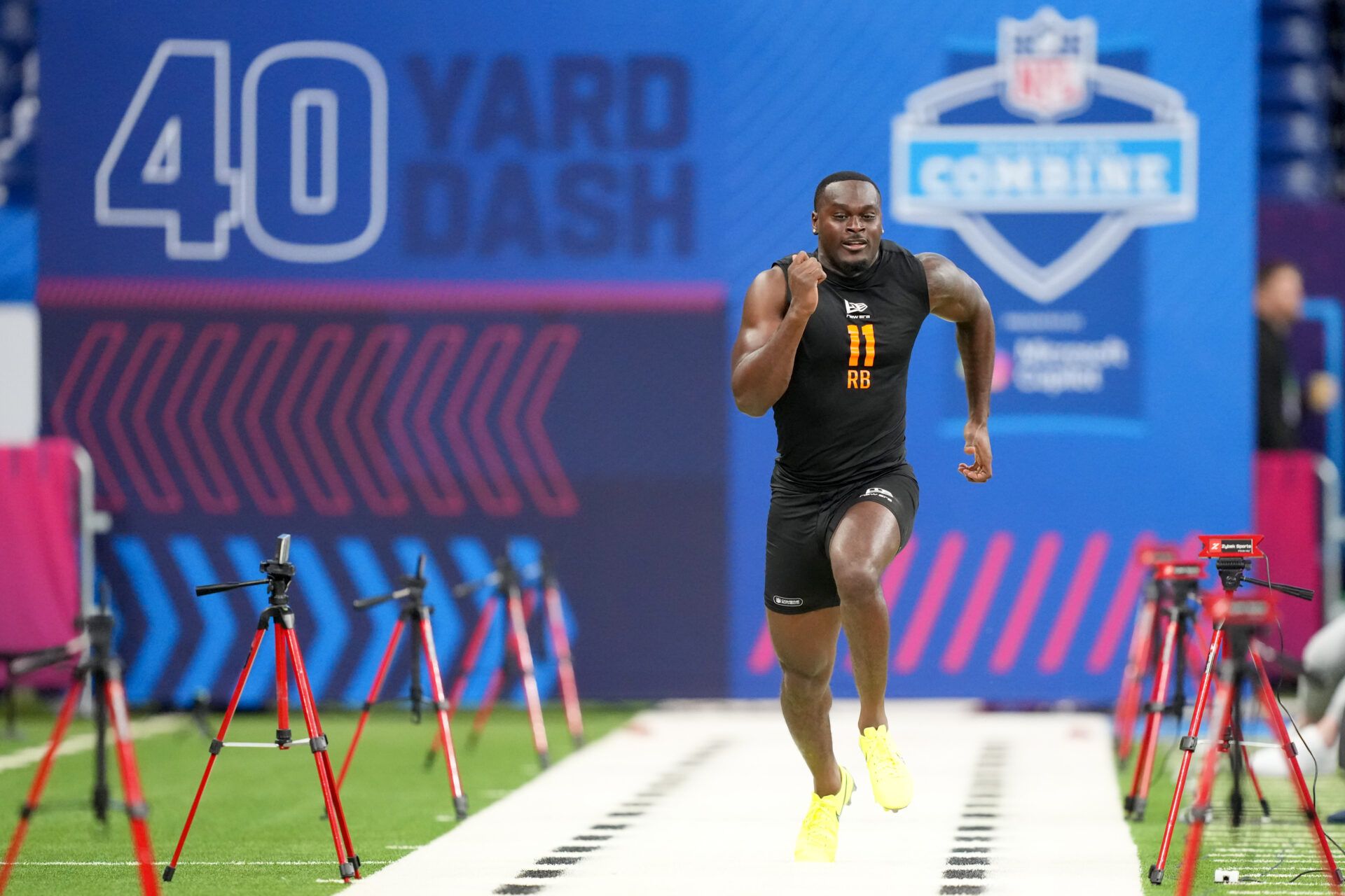 Notre Dame running back Jeremiyah Love (RB11) during the NFL Scouting Combine at Lucas Oil Stadium.