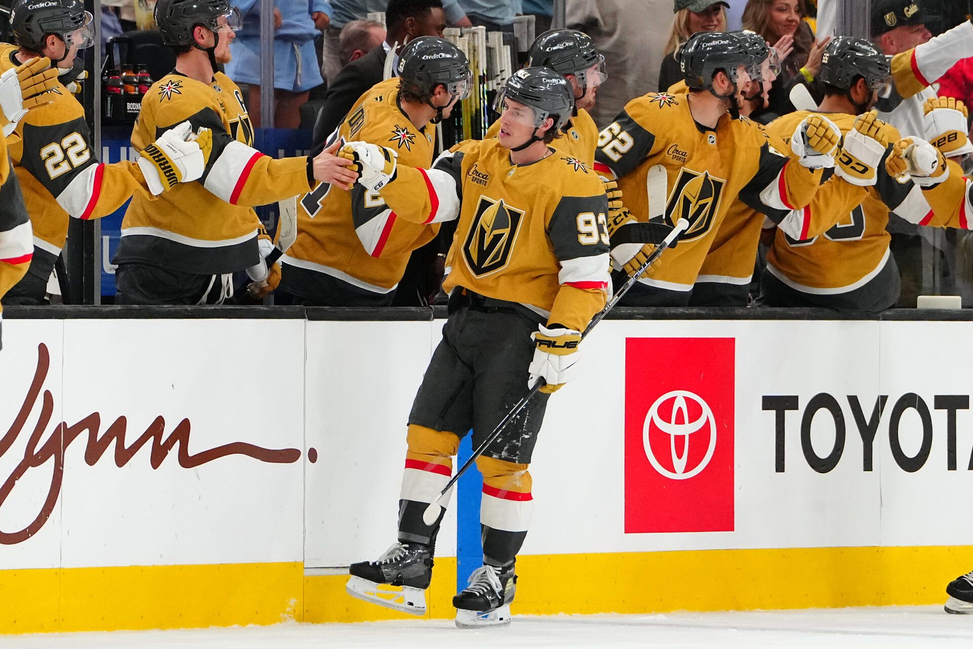 Vegas Golden Knights right wing Mitch Marner (93) celebrates after scoring a goal against the Pittsburgh Penguins during the second period at T-Mobile Arena.