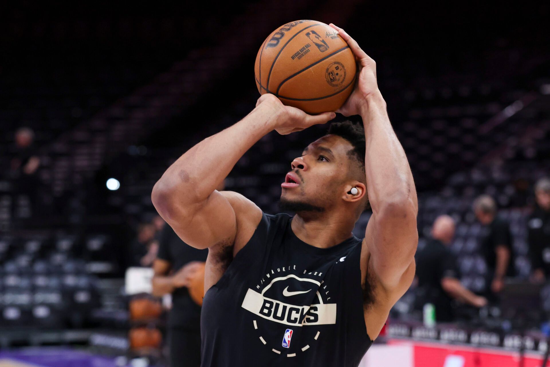 Milwaukee Bucks forward Giannis Antetokounmpo (34) warms up before the game against the Utah Jazz at Delta Center.