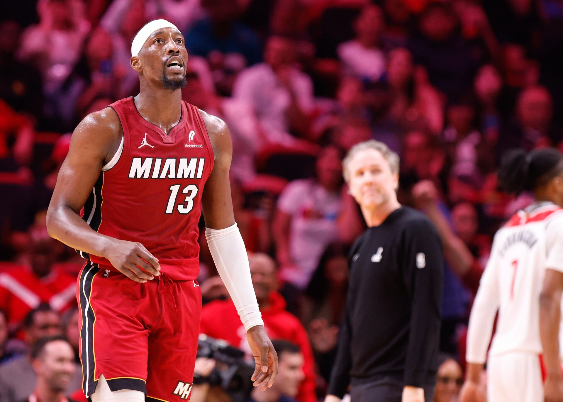 Miami Heat center Bam Adebayo (13) walks back to the bench in a time out against the Washington Wizards during the second half at Kaseya Center.