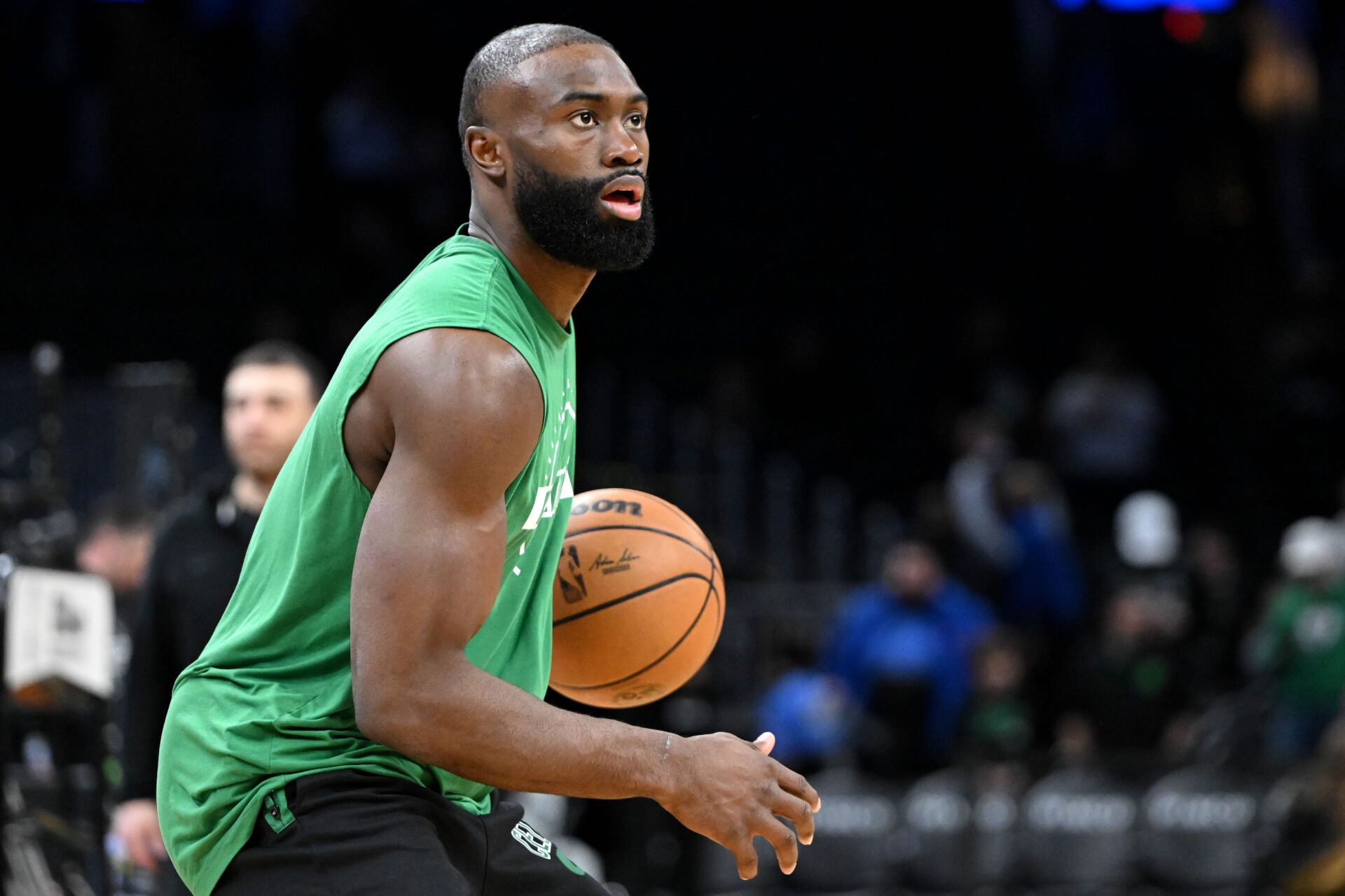 Boston Celtics guard Jaylen Brown (7) during warmups before a game against the Washington Wizards at the TD Garden.