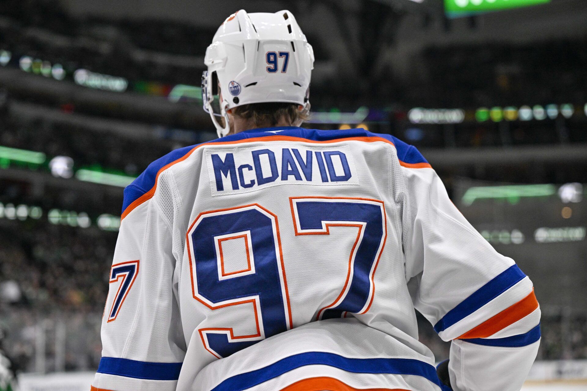 Edmonton Oilers center Connor McDavid (97) looks on during the game between the Stars and the Oilers at the American Airlines Center.