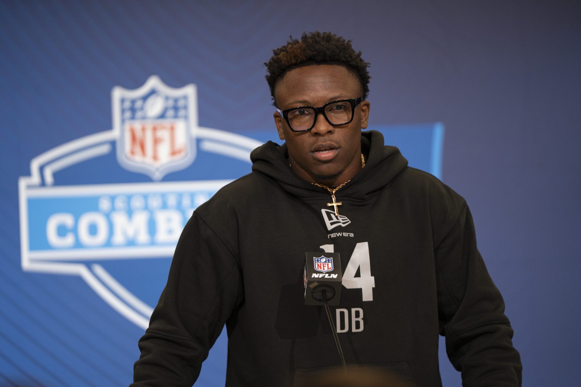 Tennessee defensive back Colton Hood (DB14) speaks to members of the media during the NFL Combine at the Indiana Convention Center.