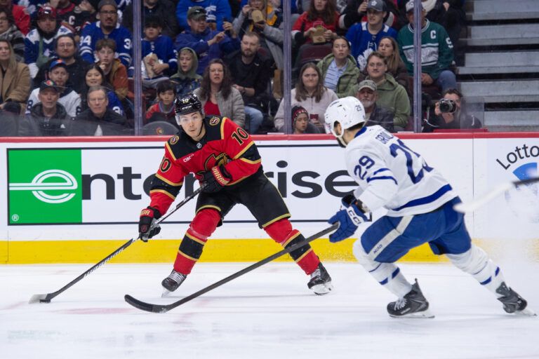 Ottawa Senators defenseman Jordan Spence (10) lines up a shot past Toronto Maple Leafs center Bo Groulx (29) in the first period at the Canadian Tire Centre.