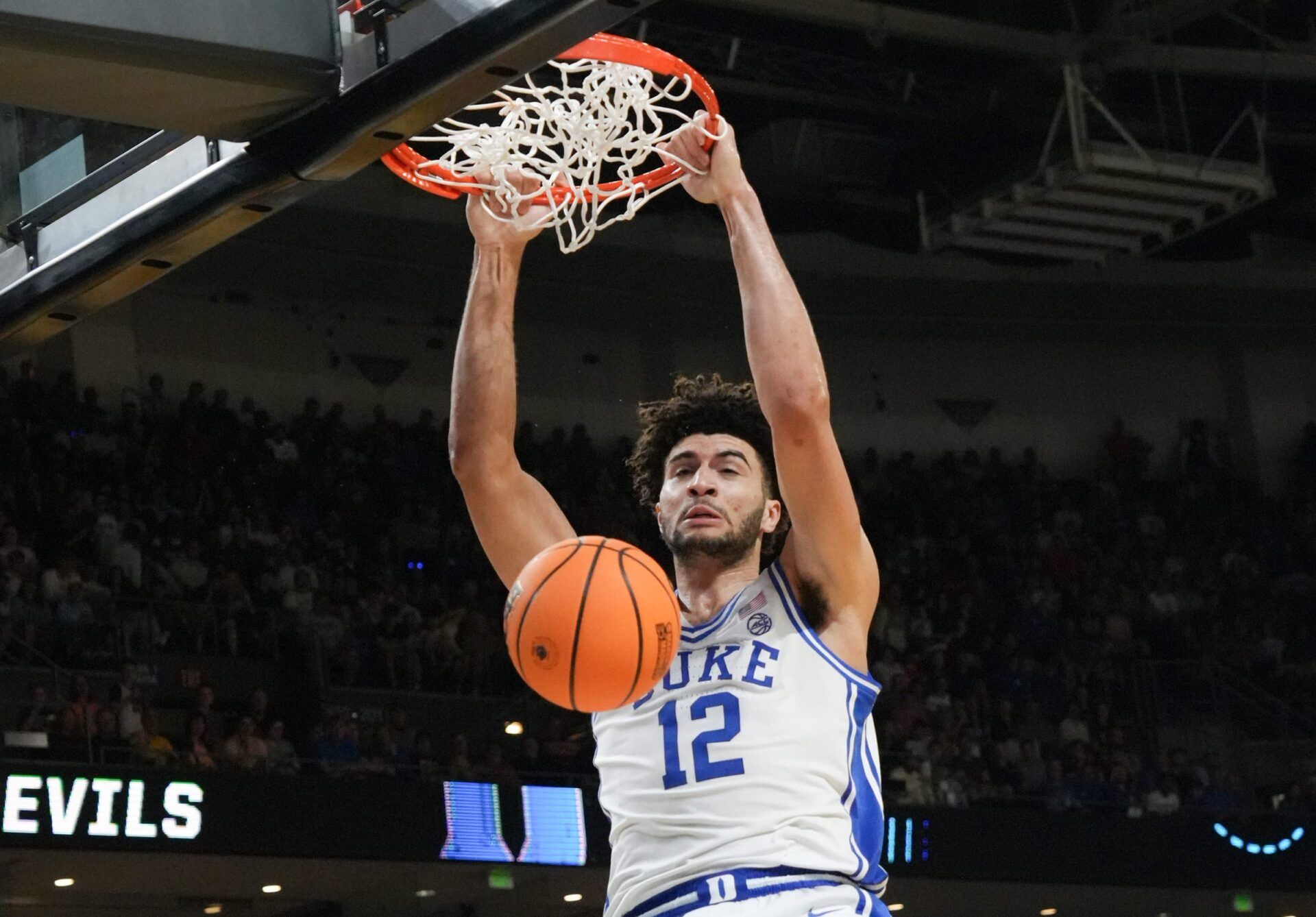 Duke Blue Devils forward Cameron Boozer (12) dunks March 21, 2026 during the second half of the NCAA Men’s Basketball Tournament second round East Region game with TCU at the Bon Secours Wellness Arena in Greenville, South Carolina.