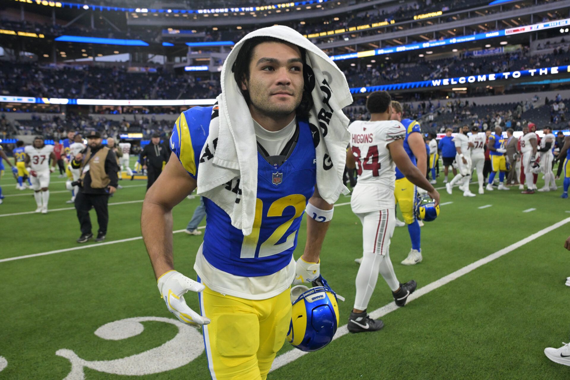Los Angeles Rams wide receiver Puka Nacua (12) leaves the field following a game against the Arizona Cardinals at SoFi Stadium.