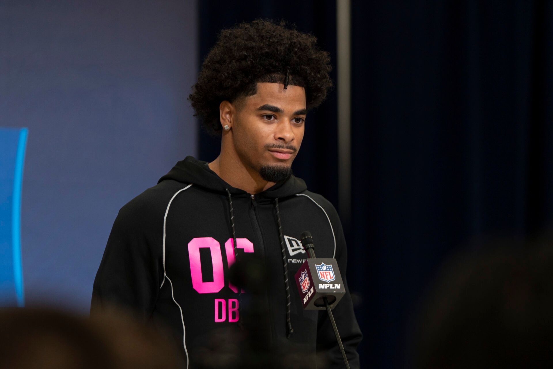 LSU defensive back Mansoor Delane (DB06) speaks to media members during the NFL Combine at the Indiana Convention Center.