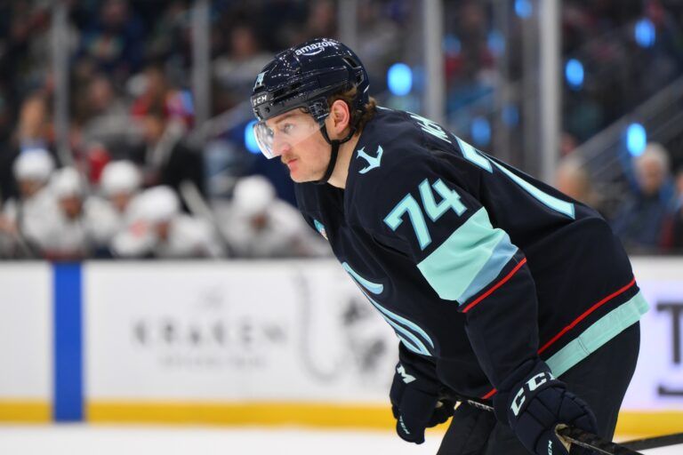 Seattle Kraken center Bobby McMann (74) during the second period against the Florida Panthers at Climate Pledge Arena.