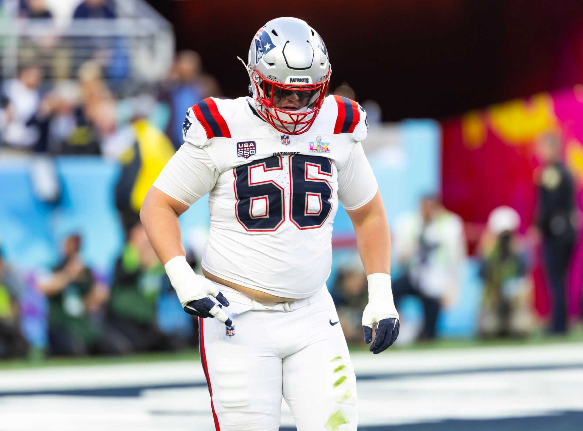 New England Patriots offensive tackle Will Campbell (66) against the Seattle Seahawks during Super Bowl LX at Levi's Stadium.