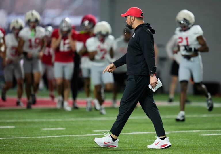 Ohio State Buckeyes head coach Ryan Day leads the first day of spring workouts for the 2026 football season at Woody Hayes Athletic Complex in Columbus on March 10, 2026.