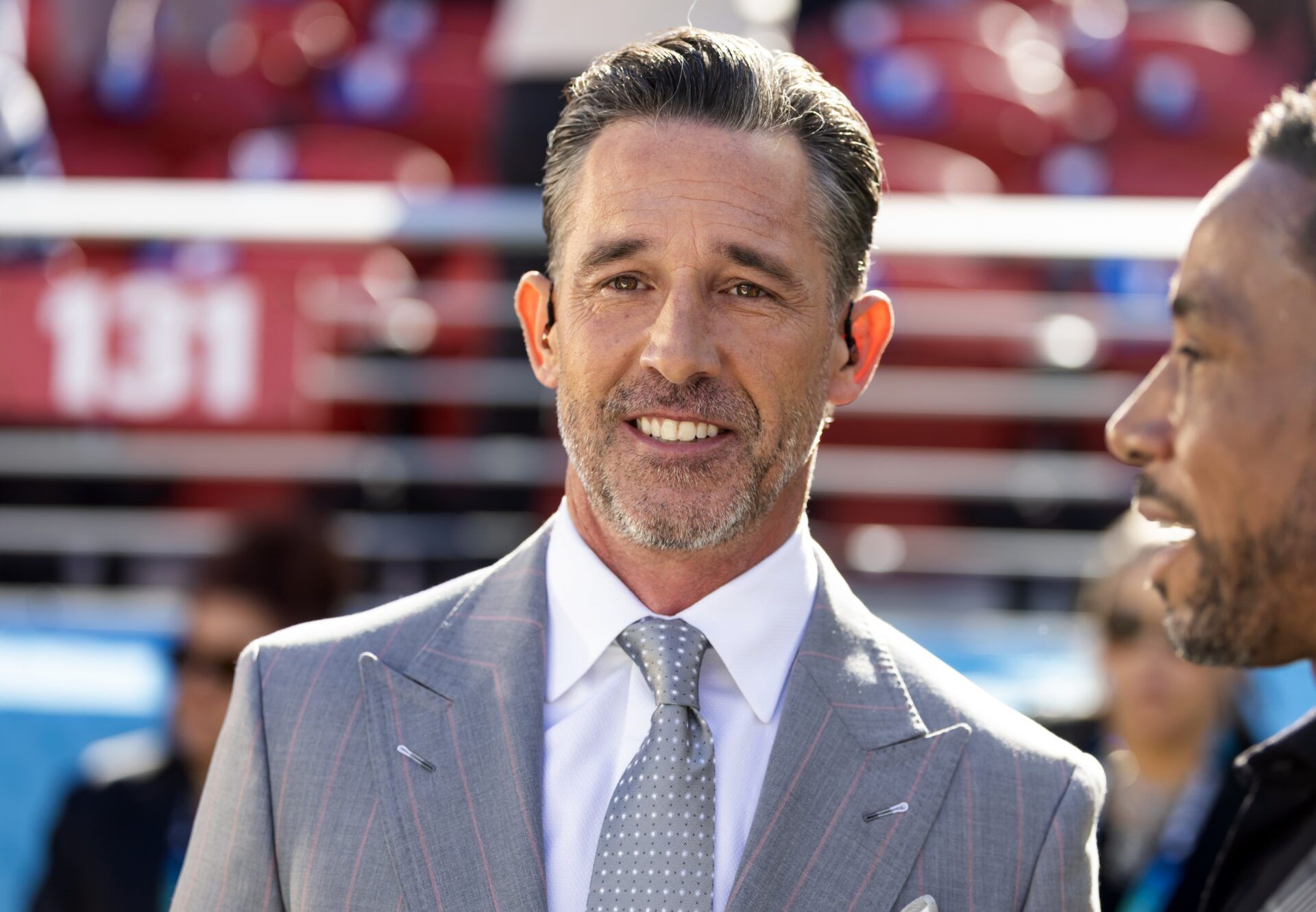 NBC Sports analyst Kyle Shanahan prior to the New England Patriots game against the Seattle Seahawks in Super Bowl LX at Levi's Stadium.