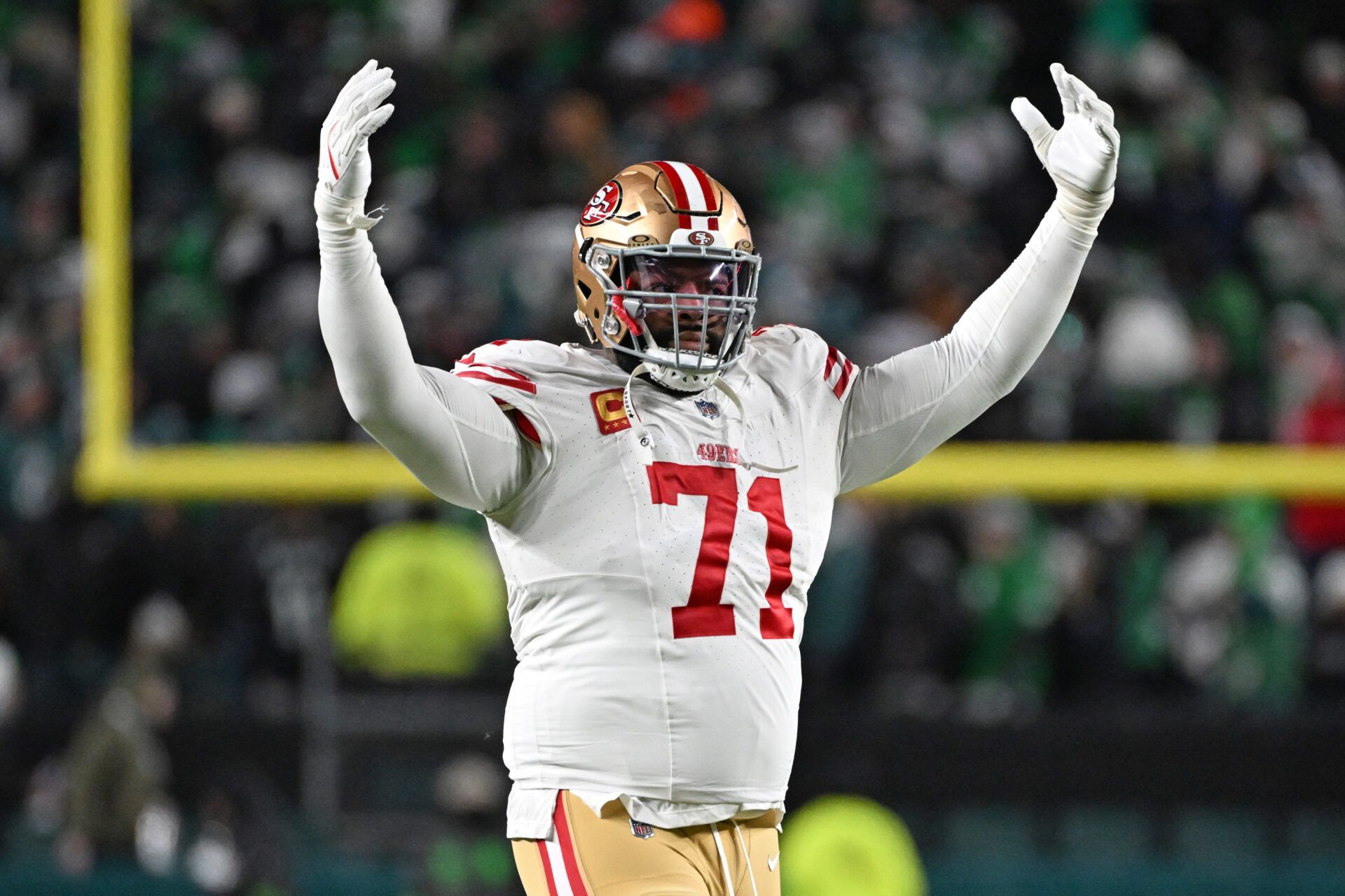 San Francisco 49ers offensive tackle Trent Williams (71) celebrates win against the Philadelphia Eagles in an NFC Wild Card Round game at Lincoln Financial Field.