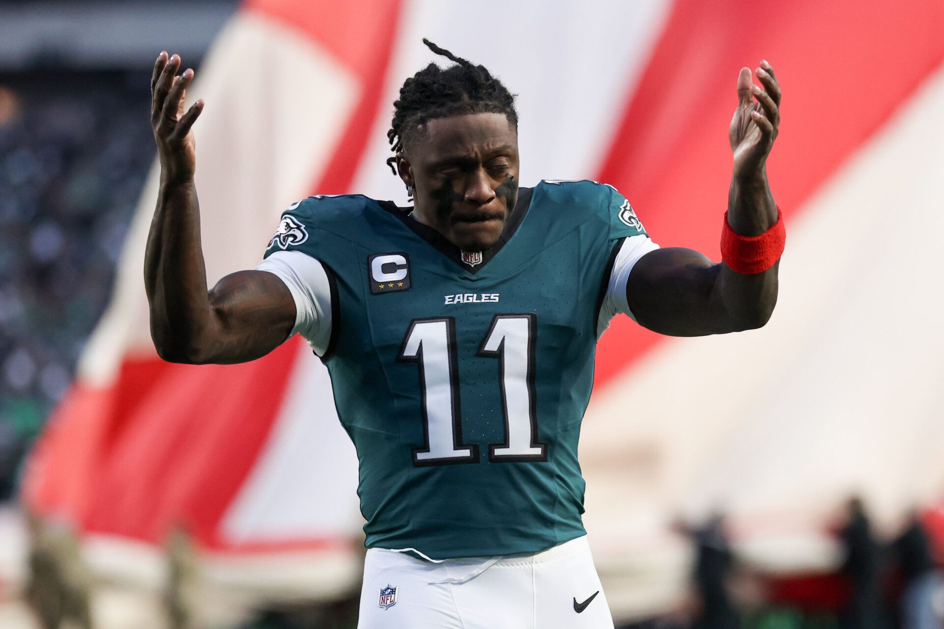 Philadelphia Eagles wide receiver A.J. Brown (11) looks on prior to an NFC Wild Card Round game against the San Francisco 49ers at Lincoln Financial Field.