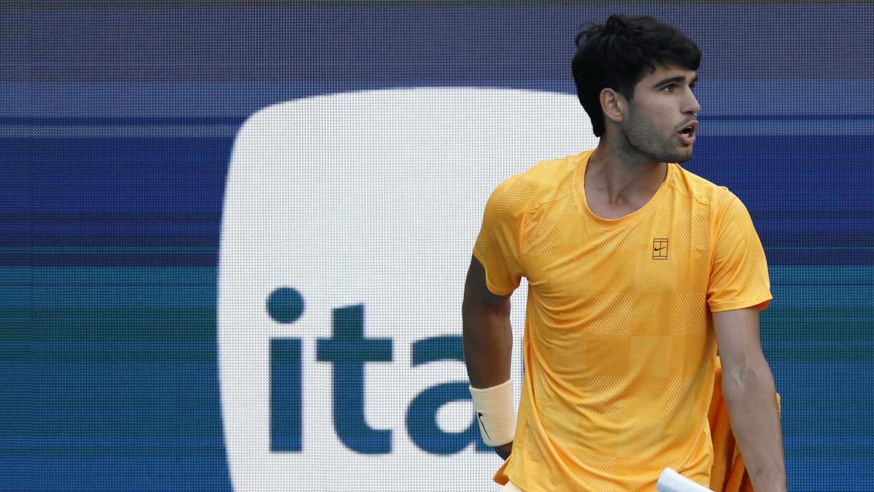 Carlos Alcaraz (ESP) yells at his player's box between points against Sebastian Korda (USA) (not pictured) on day six of the 2026 Miami Open at Hard Rock Stadium.