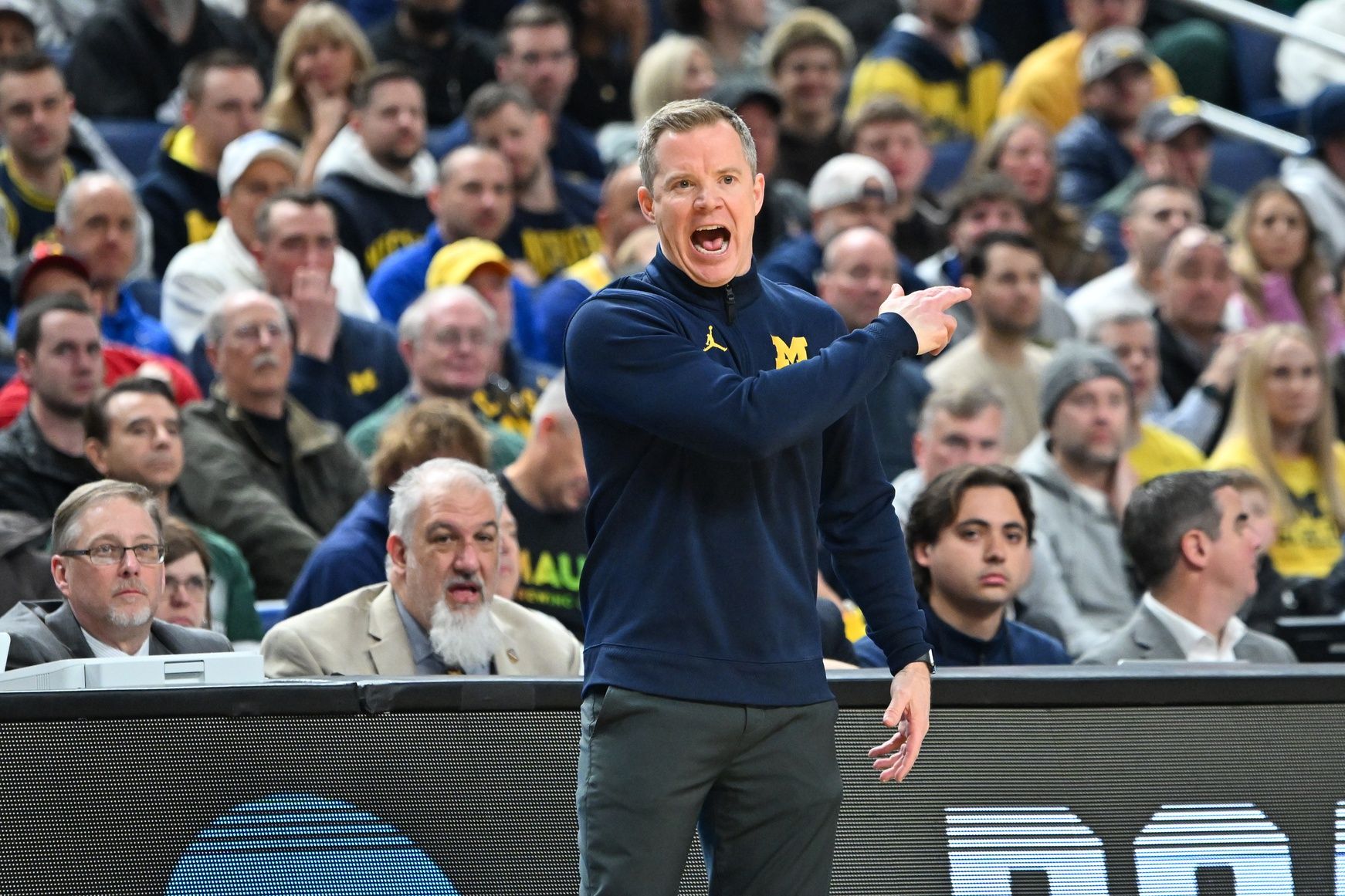 Michigan Wolverines head coach Dusty May reacts in the second half against the Saint Louis Billikens during a second round game of the men's 2026 NCAA Tournament at Keybank Center.