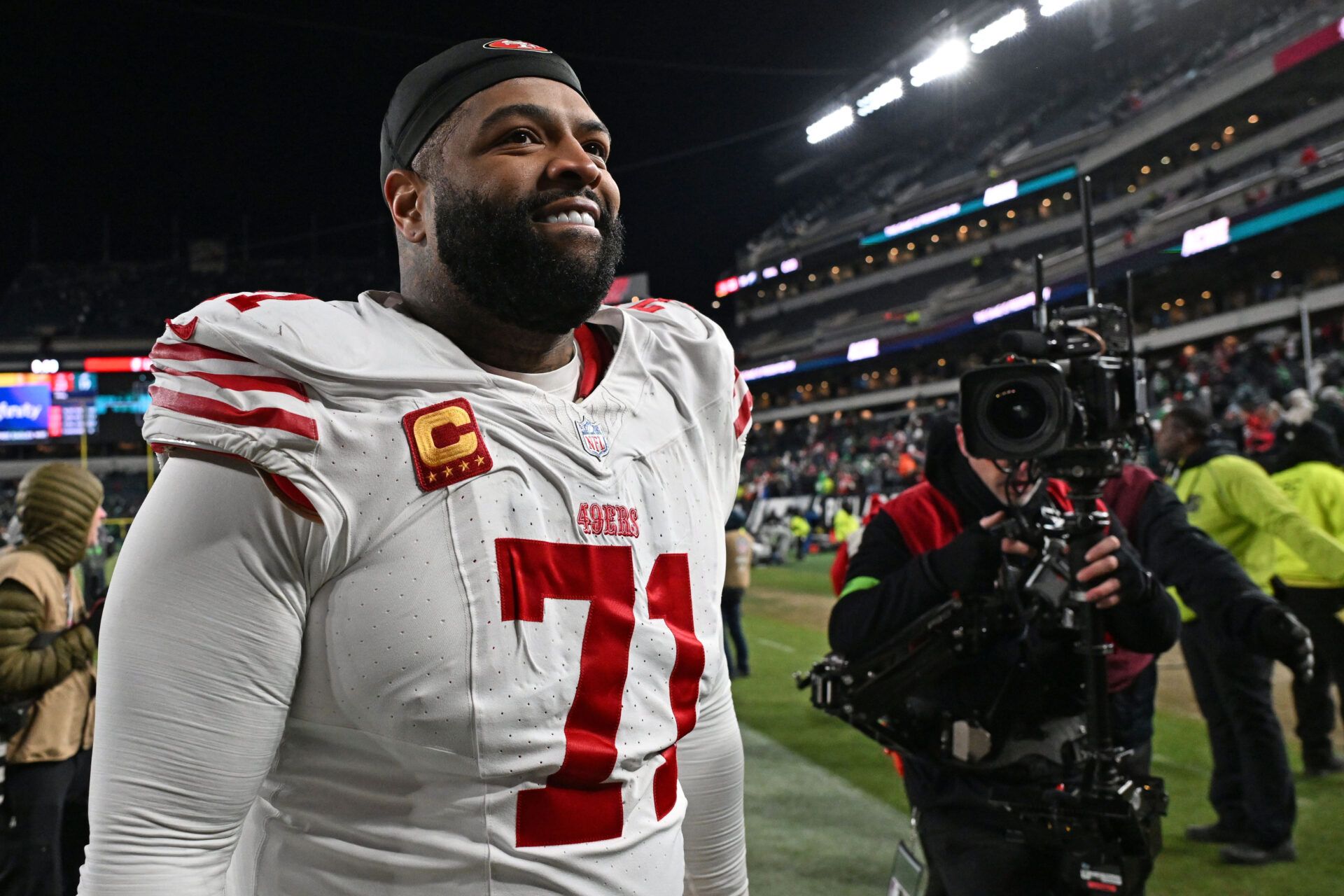 San Francisco 49ers offensive tackle Trent Williams (71) walks off the field after win against the Philadelphia Eagles in an NFC Wild Card Round game at Lincoln Financial Field.